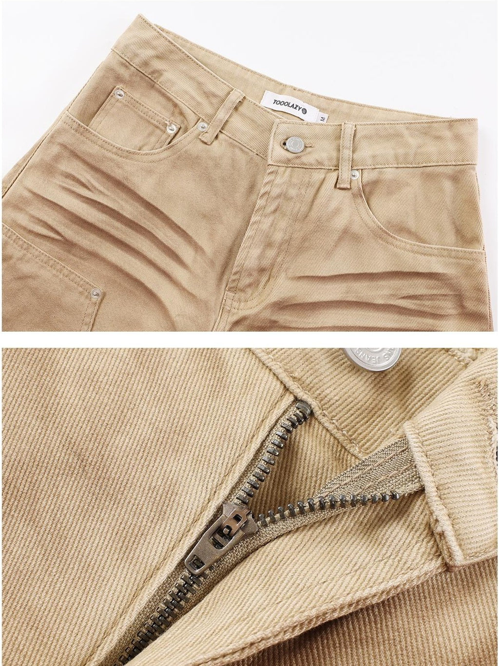 TOOOLAZY Khaki Vintage Washed Ripped Women's Cotton Straight-leg Pants