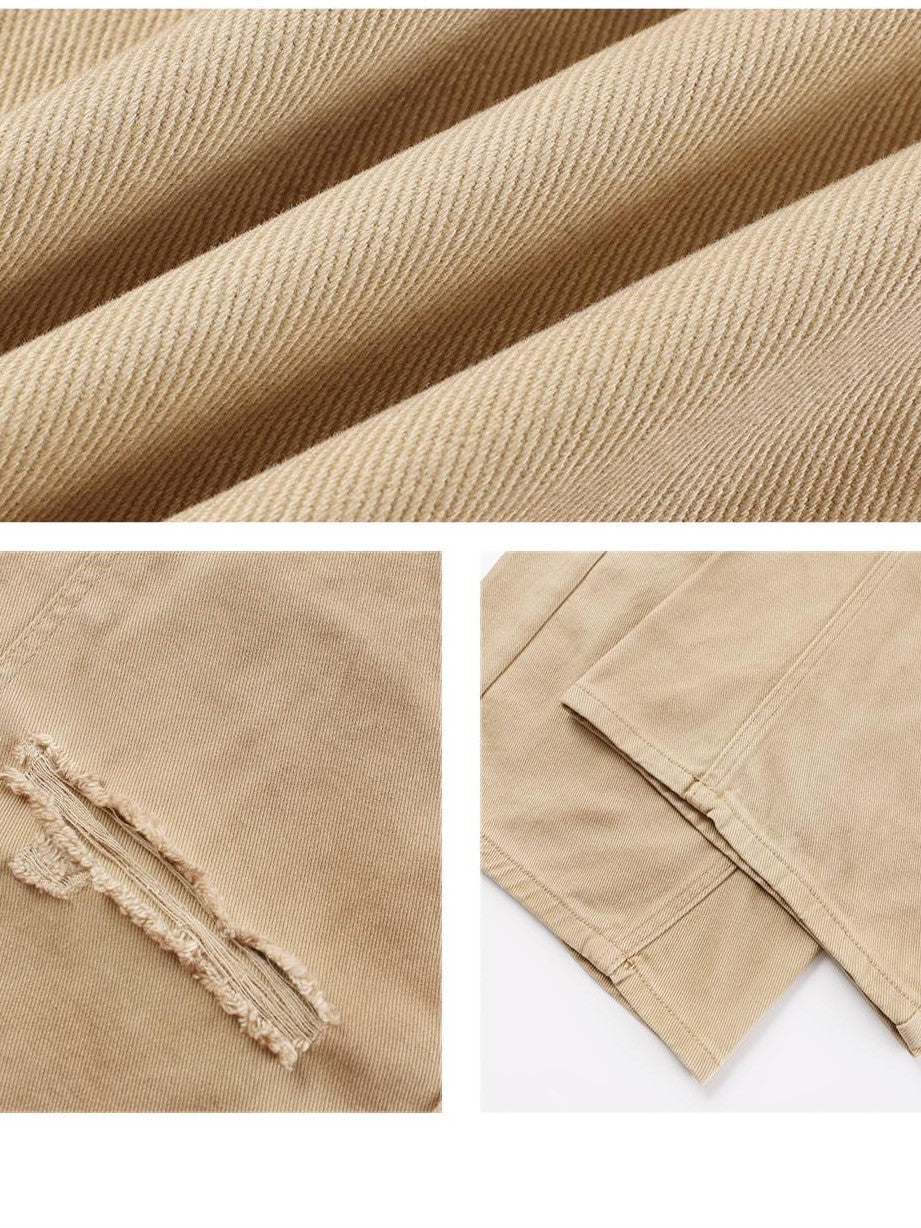 TOOOLAZY Khaki Vintage Washed Ripped Women's Cotton Straight-leg Pants