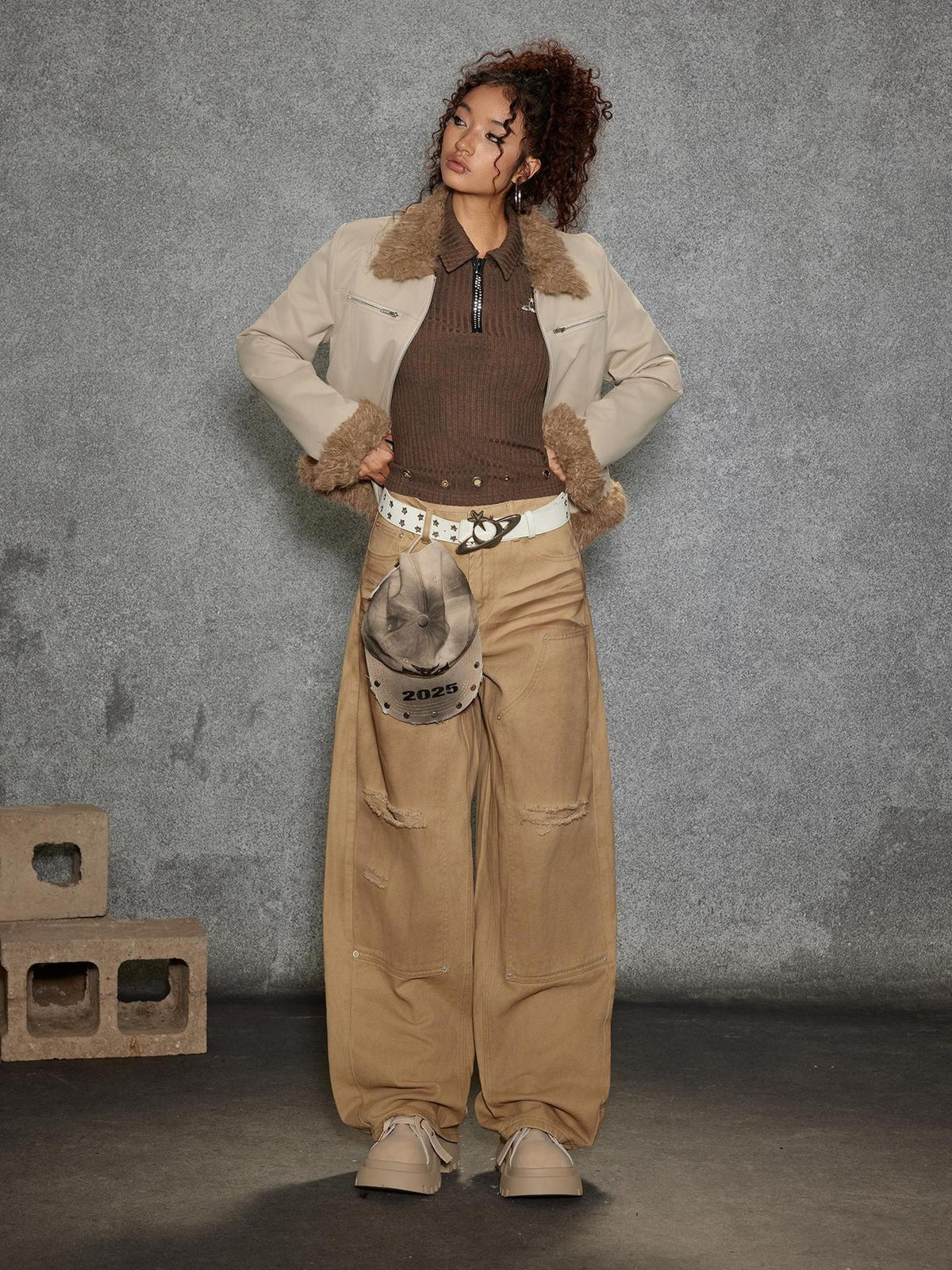 TOOOLAZY Khaki Vintage Washed Ripped Women's Cotton Straight-leg Pants