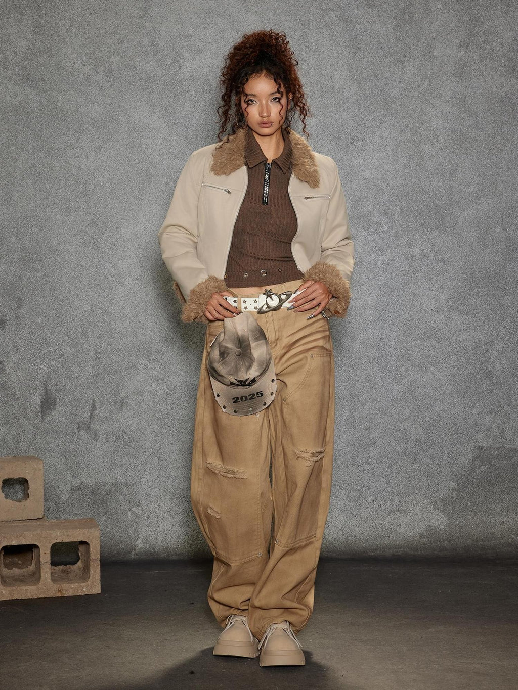 TOOOLAZY Khaki Vintage Washed Ripped Women's Cotton Straight-leg Pants