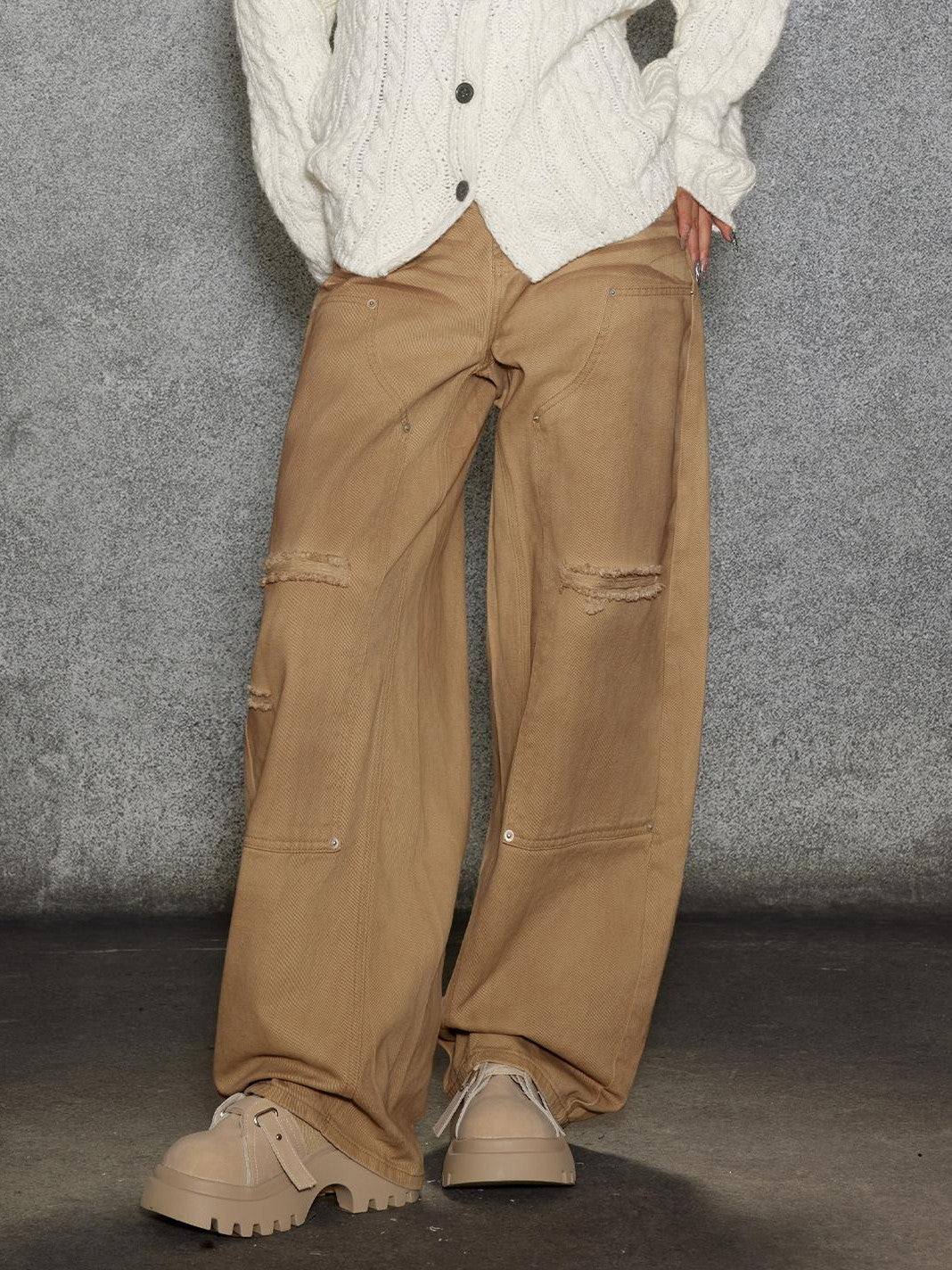 TOOOLAZY Khaki Vintage Washed Ripped Women's Cotton Straight-leg Pants