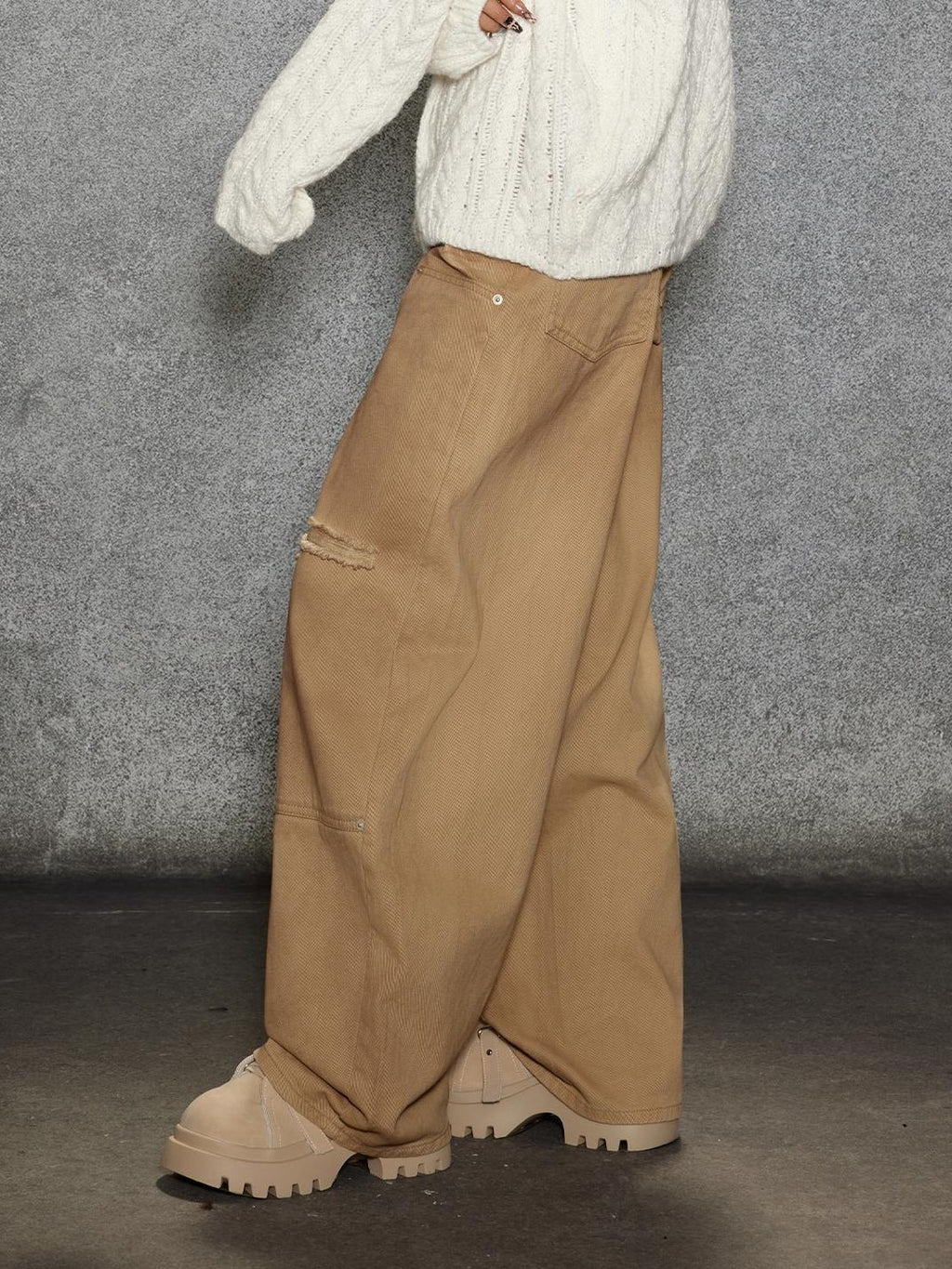 TOOOLAZY Khaki Vintage Washed Ripped Women's Cotton Straight-leg Pants