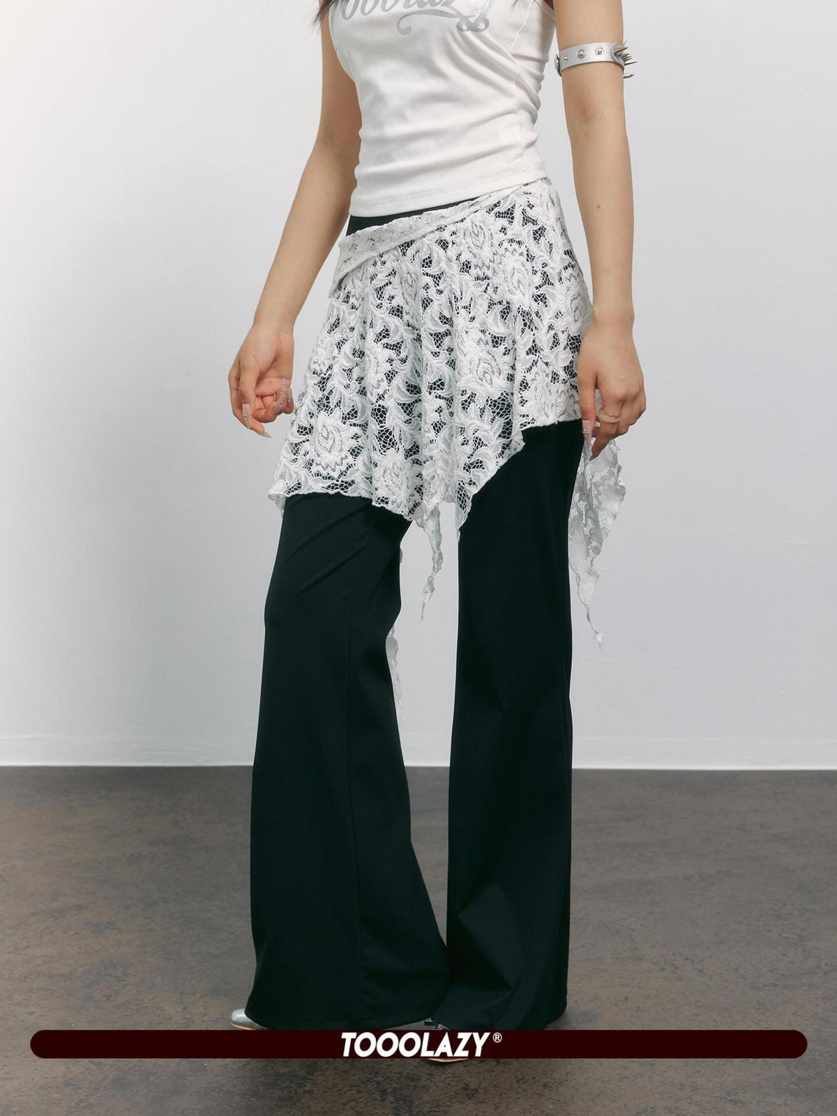 TOOOLAZY Lace Asymmetric Patchwork Slimming Women's Polyester Elastane Wide-leg Pants