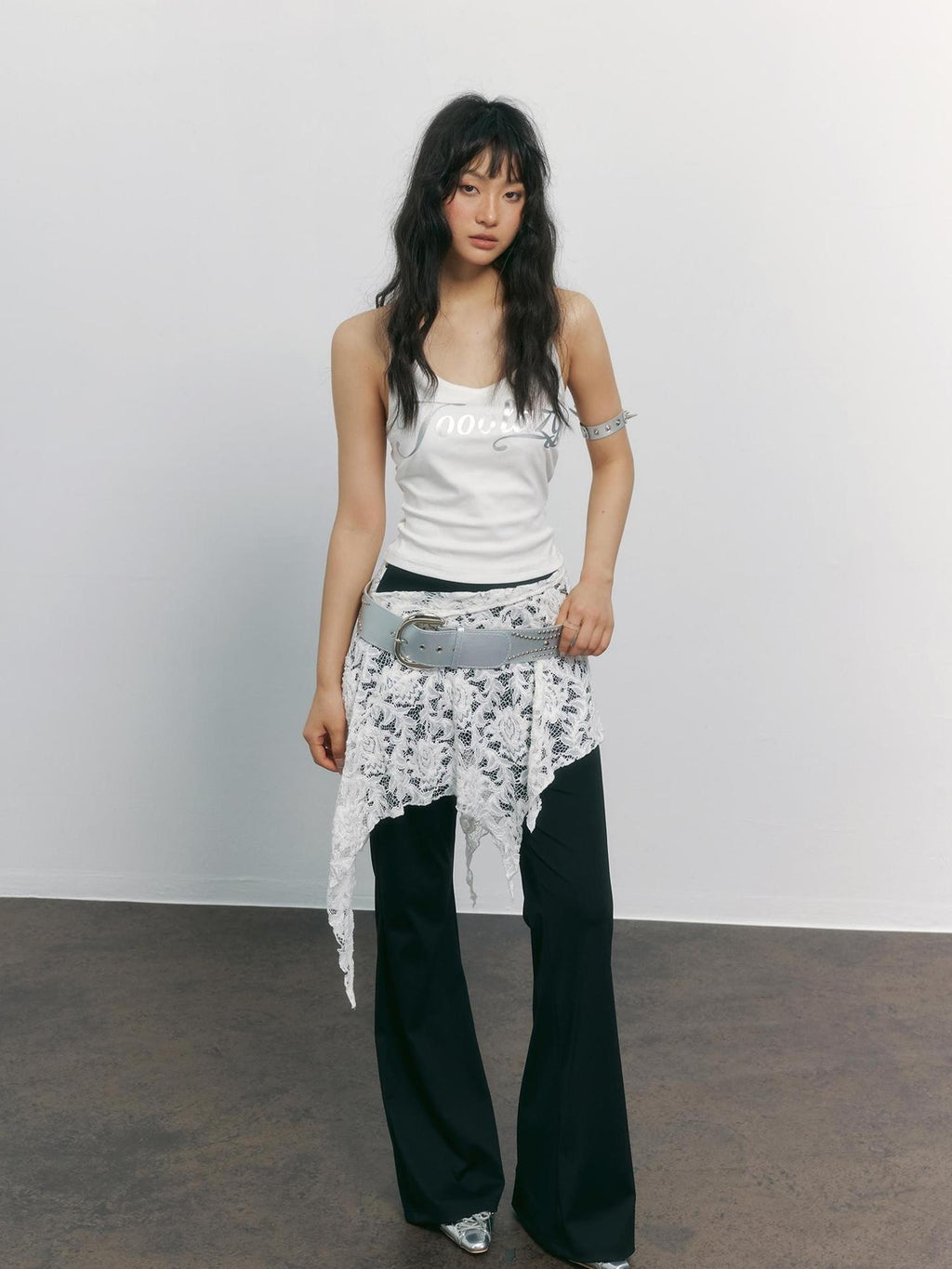 TOOOLAZY Lace Asymmetric Patchwork Slimming Women's Polyester Elastane Wide-leg Pants