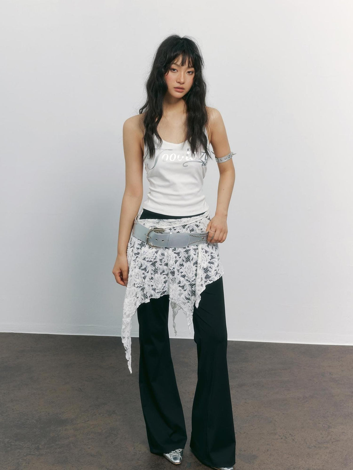 TOOOLAZY Lace Asymmetric Patchwork Slimming Women's Polyester Elastane Wide-leg Pants