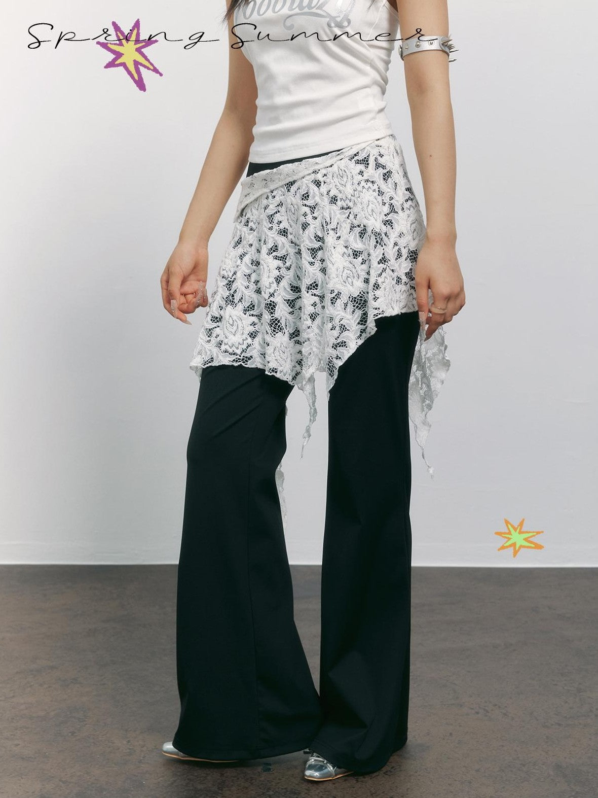 TOOOLAZY Lace Asymmetric Patchwork Slimming Women's Polyester Elastane Wide-leg Pants