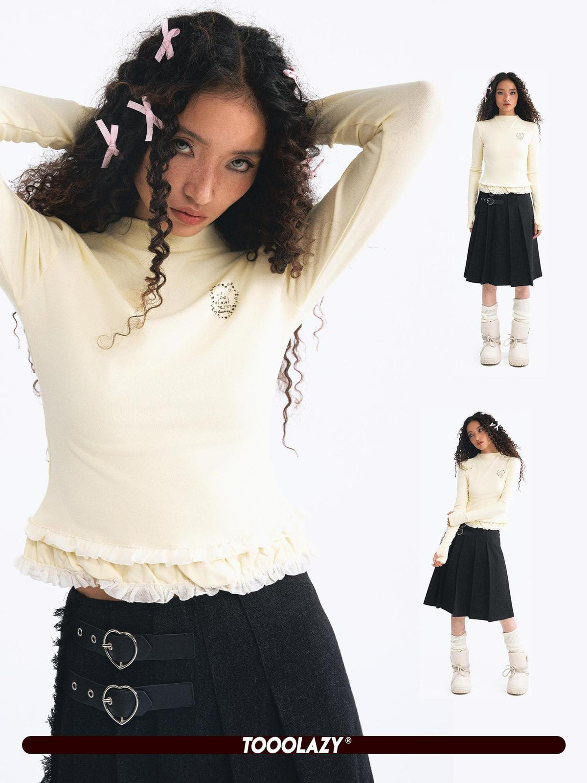 TOOOLAZY Lace Retro Knitted Layering Women's Knit Long Sleeve T-shirts