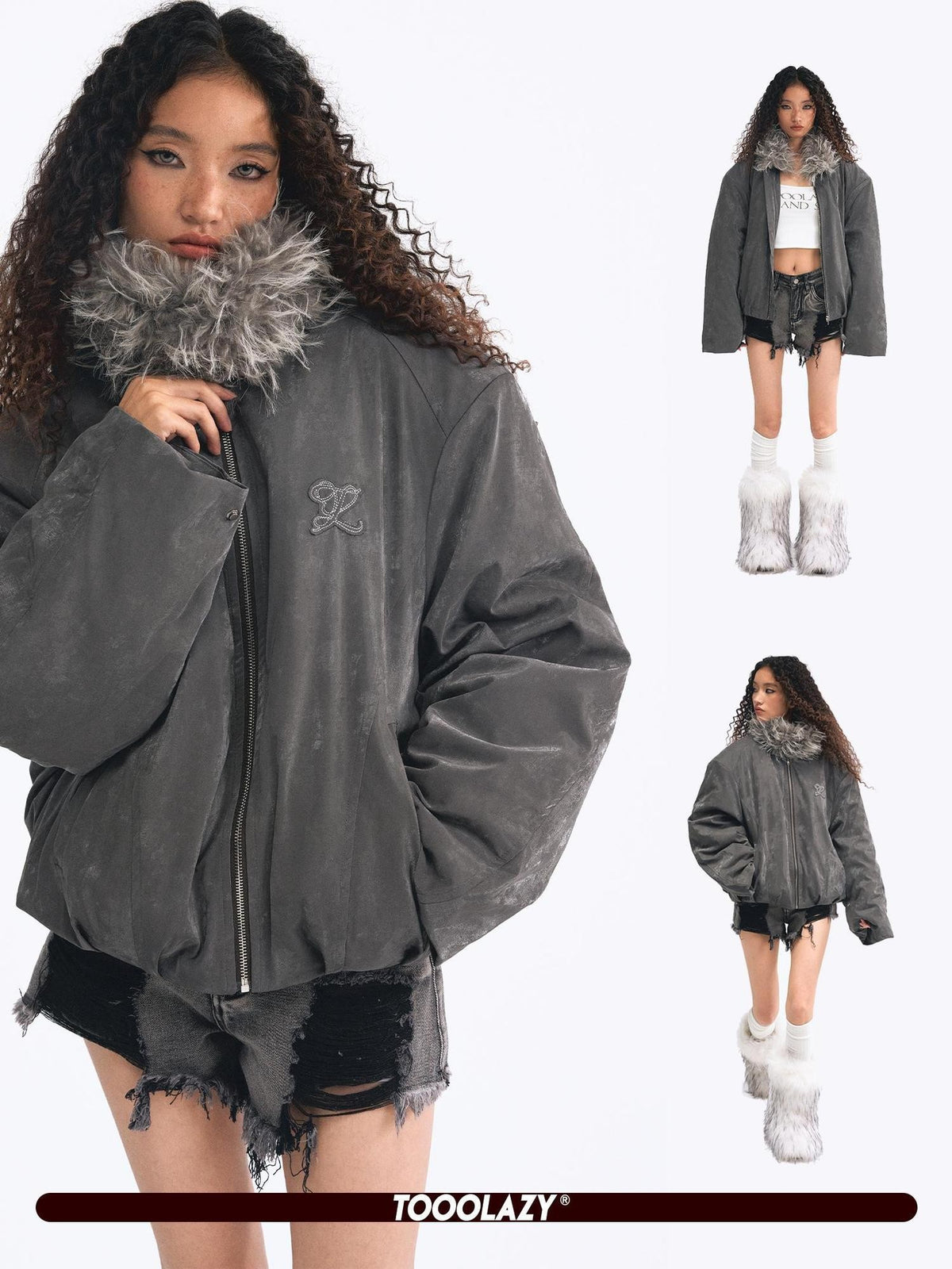 TOOOLAZY Large Fur Collar Retro Distressed Hooded Women's Puffer Jackets