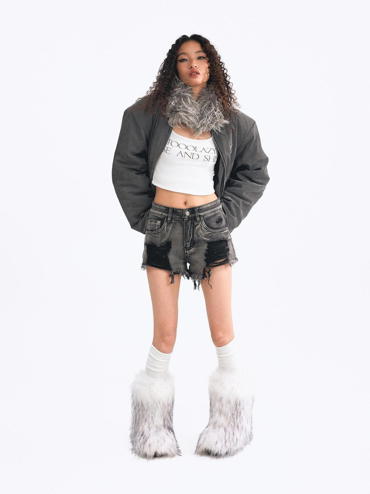 TOOOLAZY Large Fur Collar Retro Distressed Hooded Women's Puffer Jackets