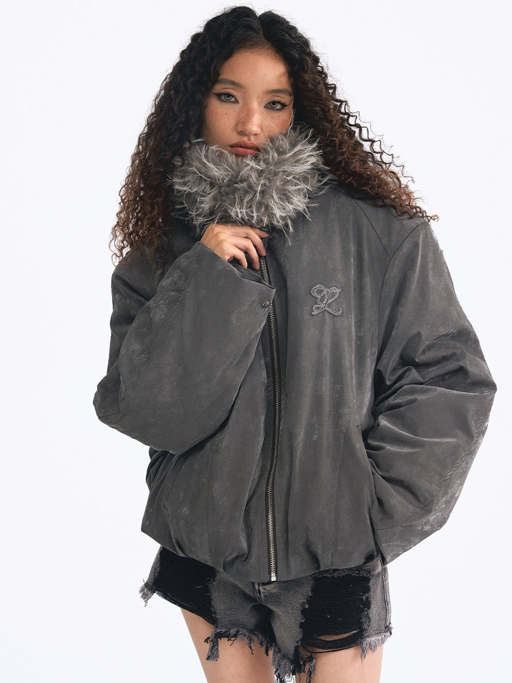 TOOOLAZY Large Fur Collar Retro Distressed Hooded Women's Puffer Jackets