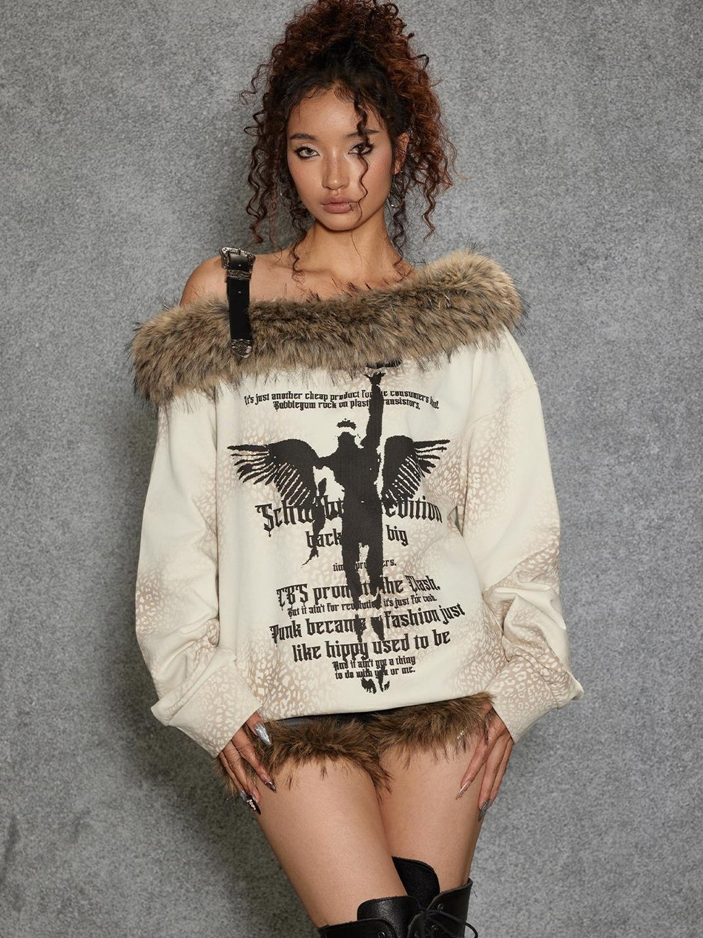 TOOOLAZY Leather Strap Fur Collar Asymmetric Shoulder Thickened Women's Sweatshirts