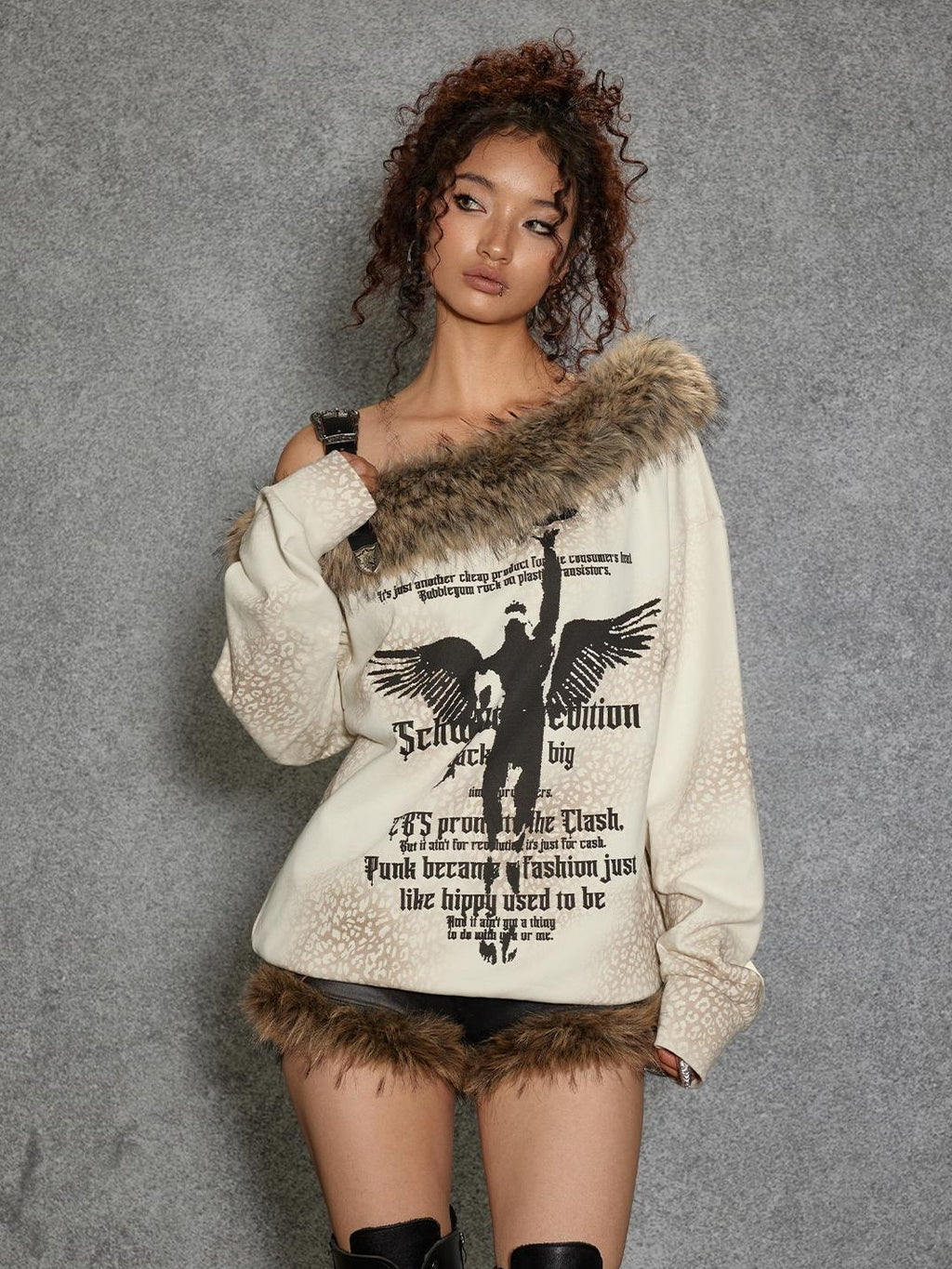 TOOOLAZY Leather Strap Fur Collar Asymmetric Shoulder Thickened Women's Sweatshirts