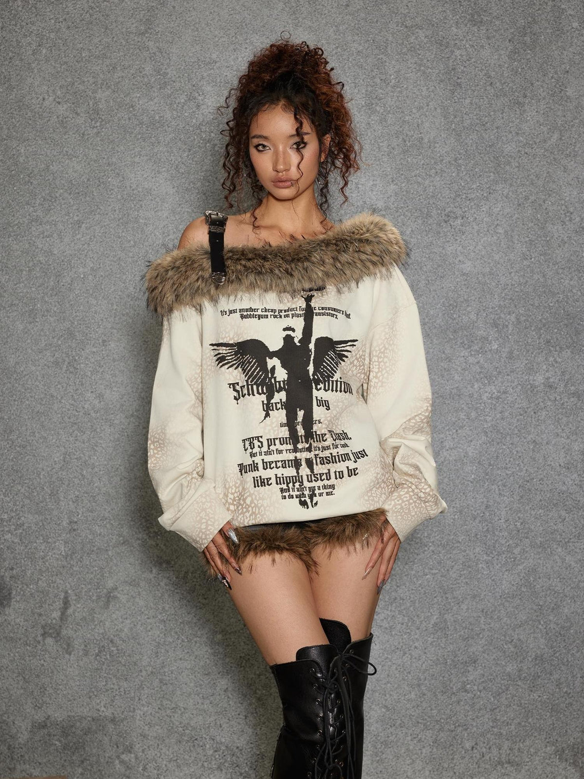 TOOOLAZY Leather Strap Fur Collar Asymmetric Shoulder Thickened Women's Sweatshirts