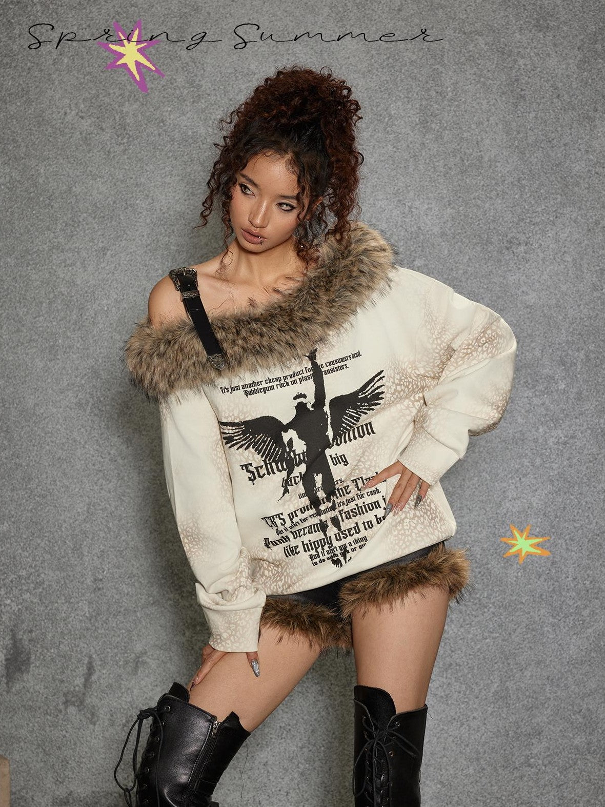 TOOOLAZY Leather Strap Fur Collar Asymmetric Shoulder Thickened Women's Sweatshirts