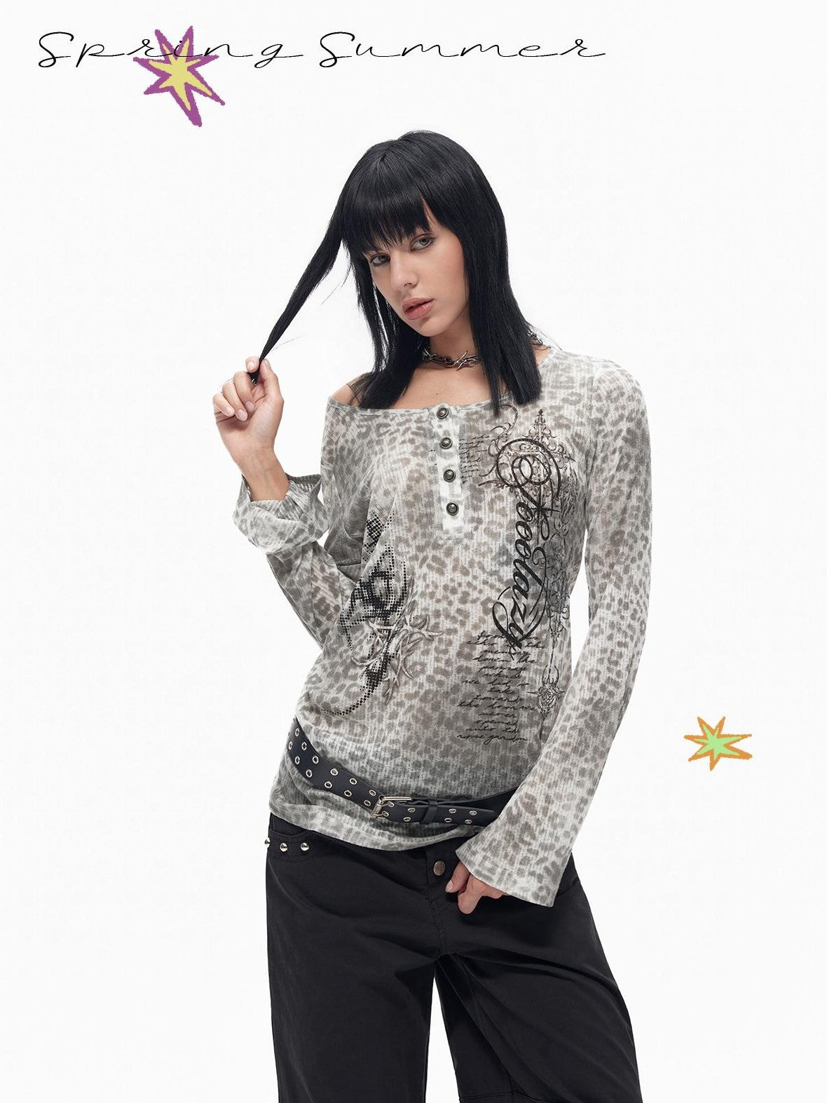 TOOOLAZY Leopard Letter Print Button Slim Fit Women's Long Sleeve T-shirts