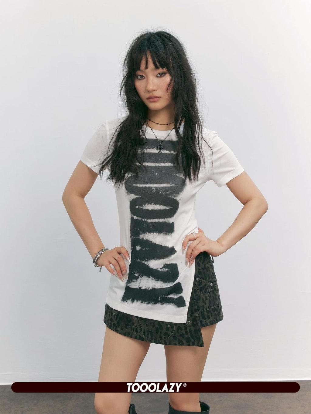 TOOOLAZY Leopard Print Studded Irregular Patchwork Embroidered Women's Cotton Mini Skirts