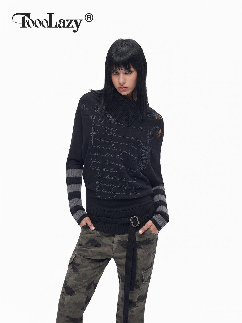 TOOOLAZY Letter Print Colorblock Striped Collared Tie Hem Women's Cotton Blend Sweaters