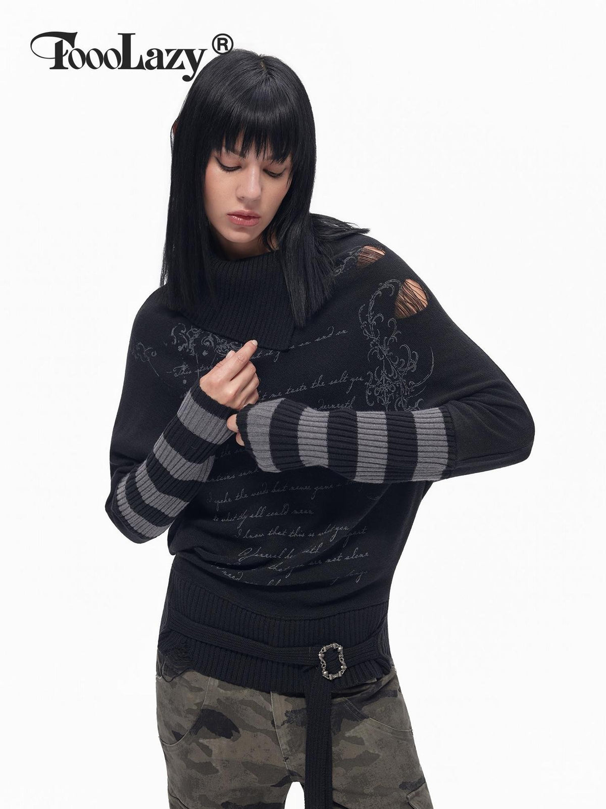 TOOOLAZY Letter Print Colorblock Striped Collared Tie Hem Women's Cotton Blend Sweaters