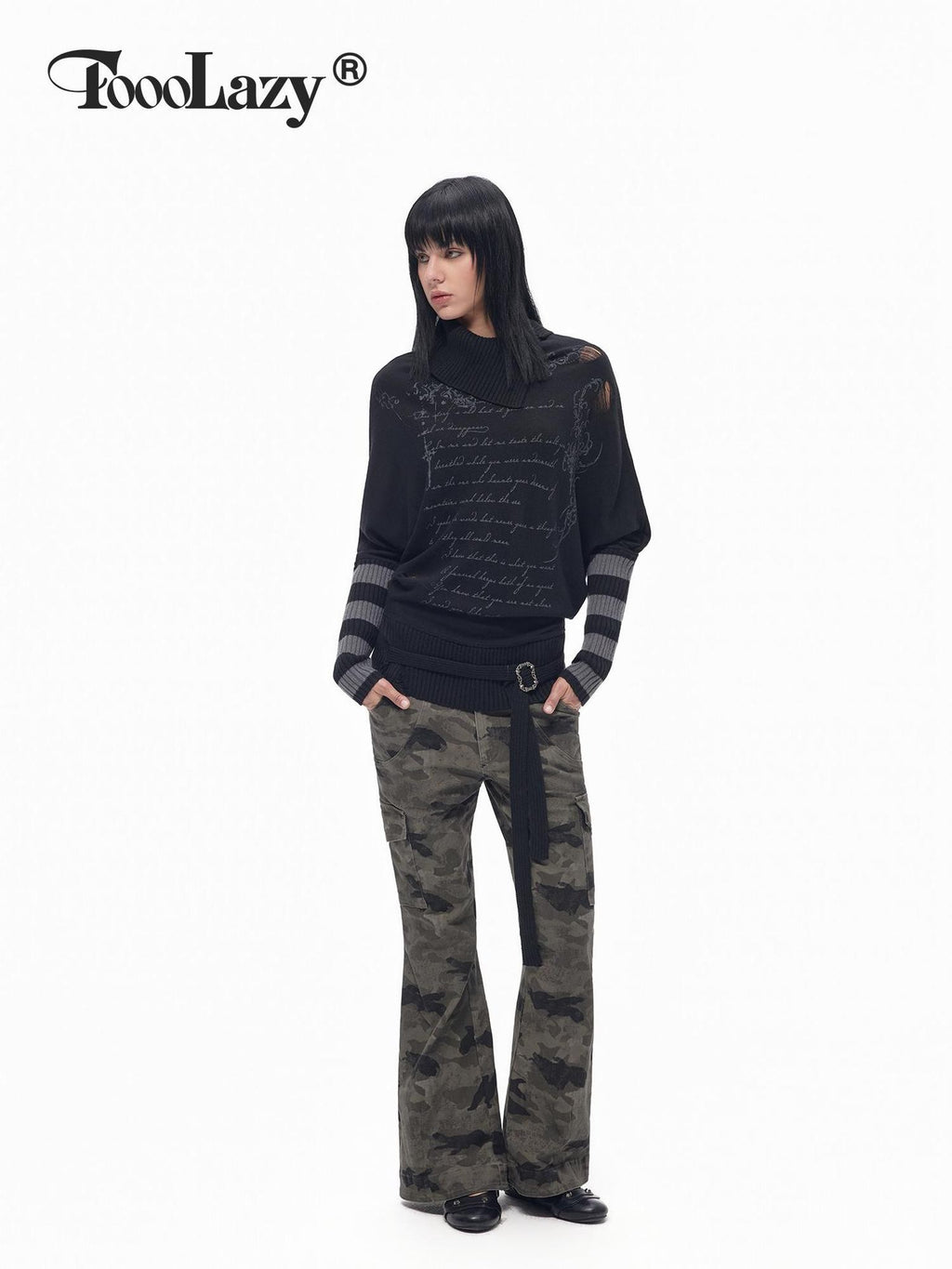 TOOOLAZY Letter Print Colorblock Striped Collared Tie Hem Women's Cotton Blend Sweaters