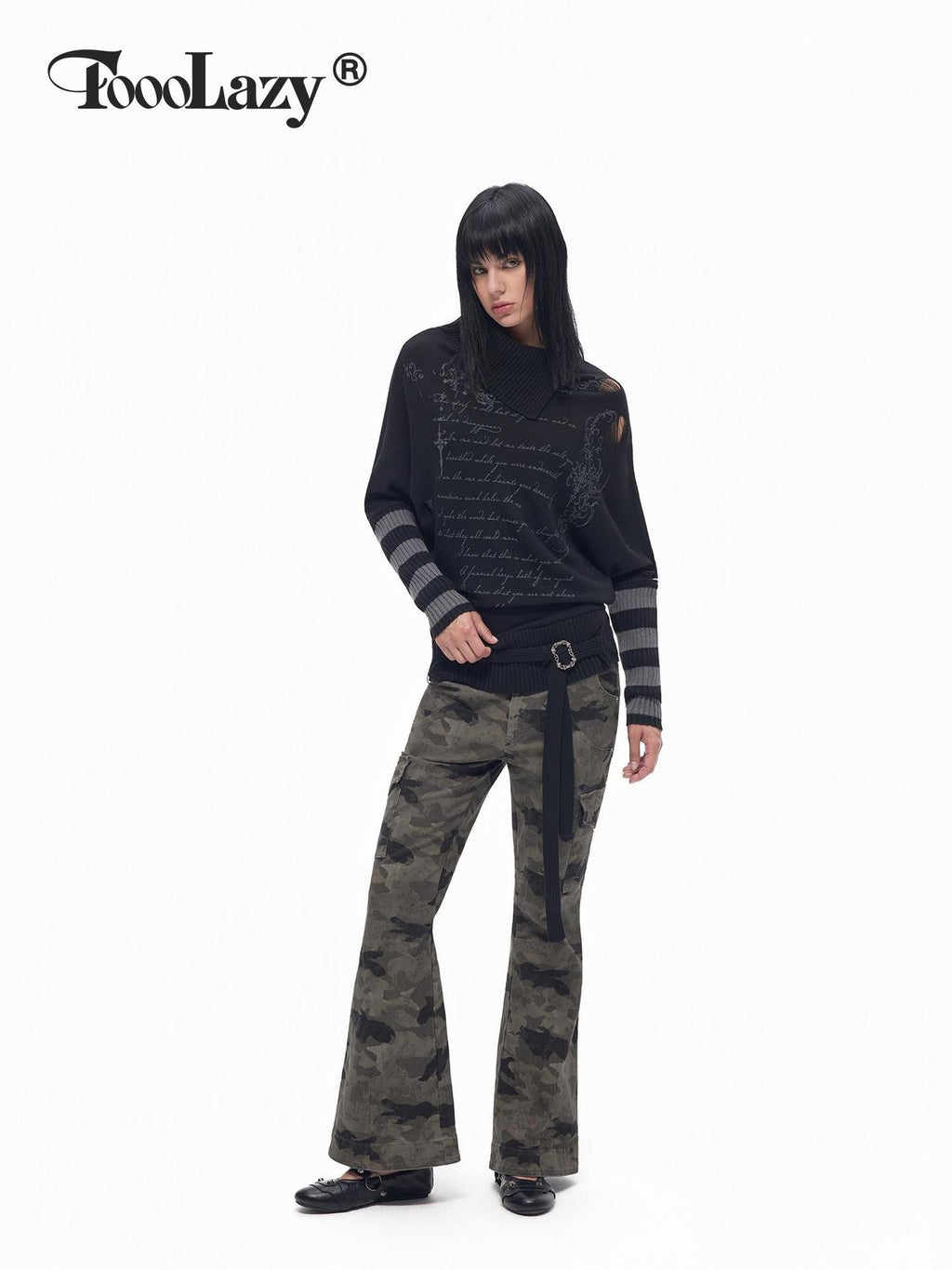 TOOOLAZY Letter Print Colorblock Striped Collared Tie Hem Women's Cotton Blend Sweaters