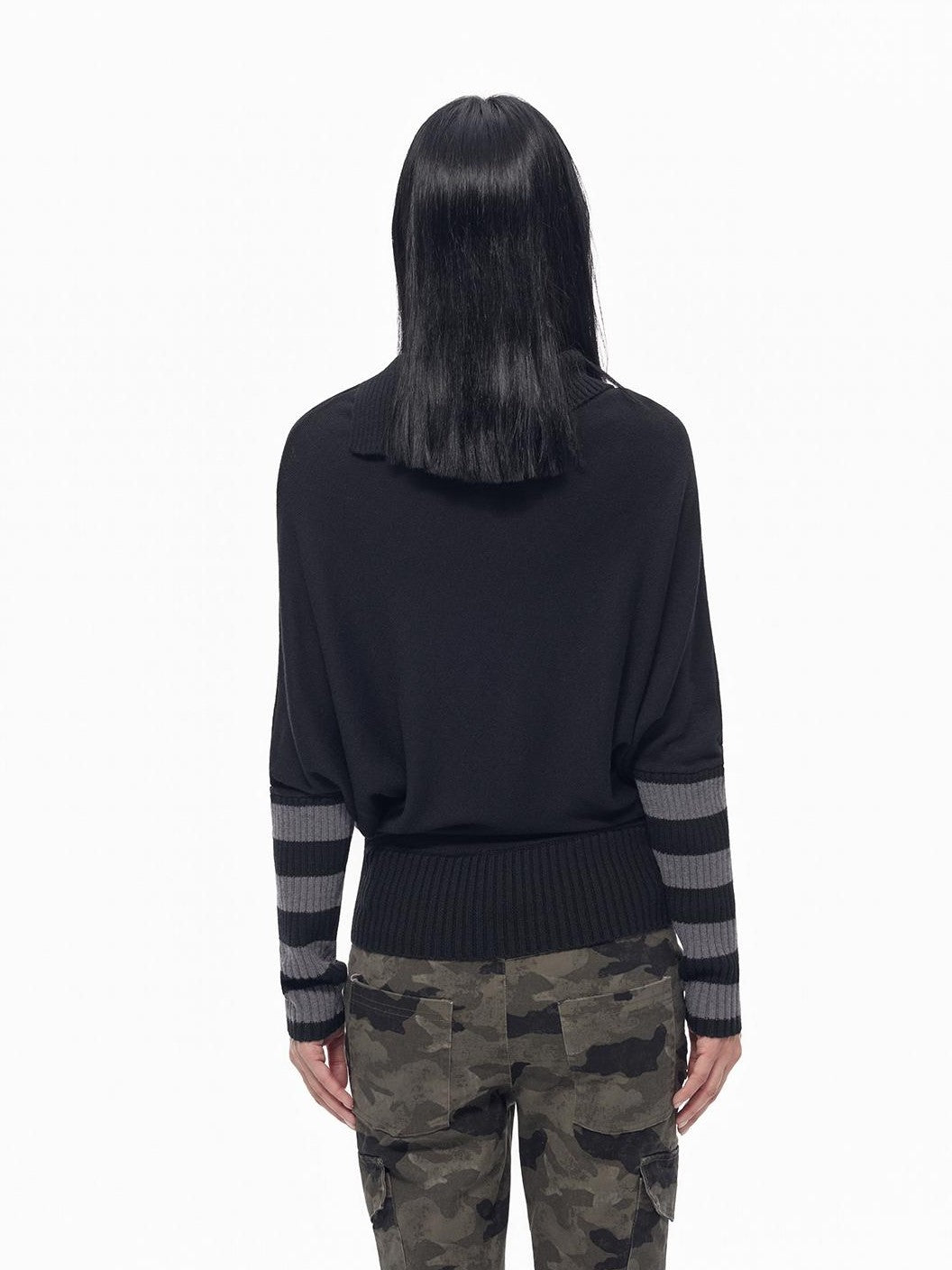 TOOOLAZY Letter Print Colorblock Striped Collared Tie Hem Women's Cotton Blend Sweaters