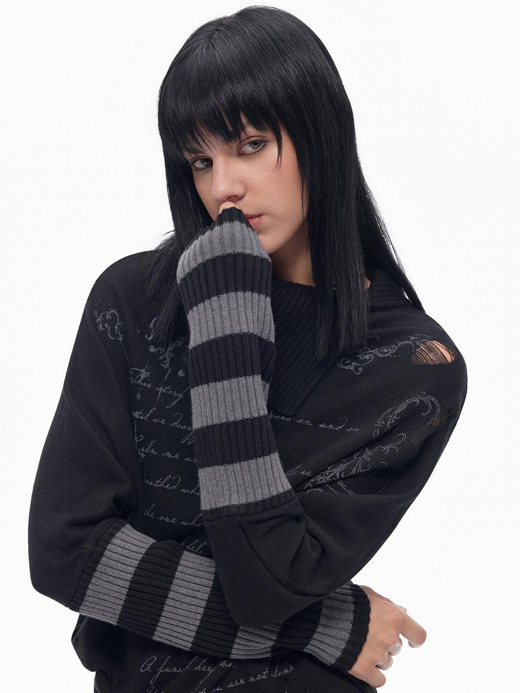 TOOOLAZY Letter Print Colorblock Striped Collared Tie Hem Women's Cotton Blend Sweaters