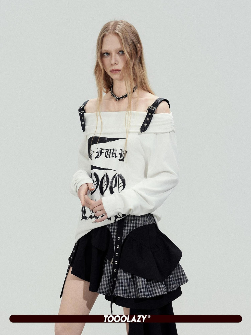 TOOOLAZY Letter Print Diagonal Shoulder Leather Strap Women's Cotton Long Sleeve T-shirts