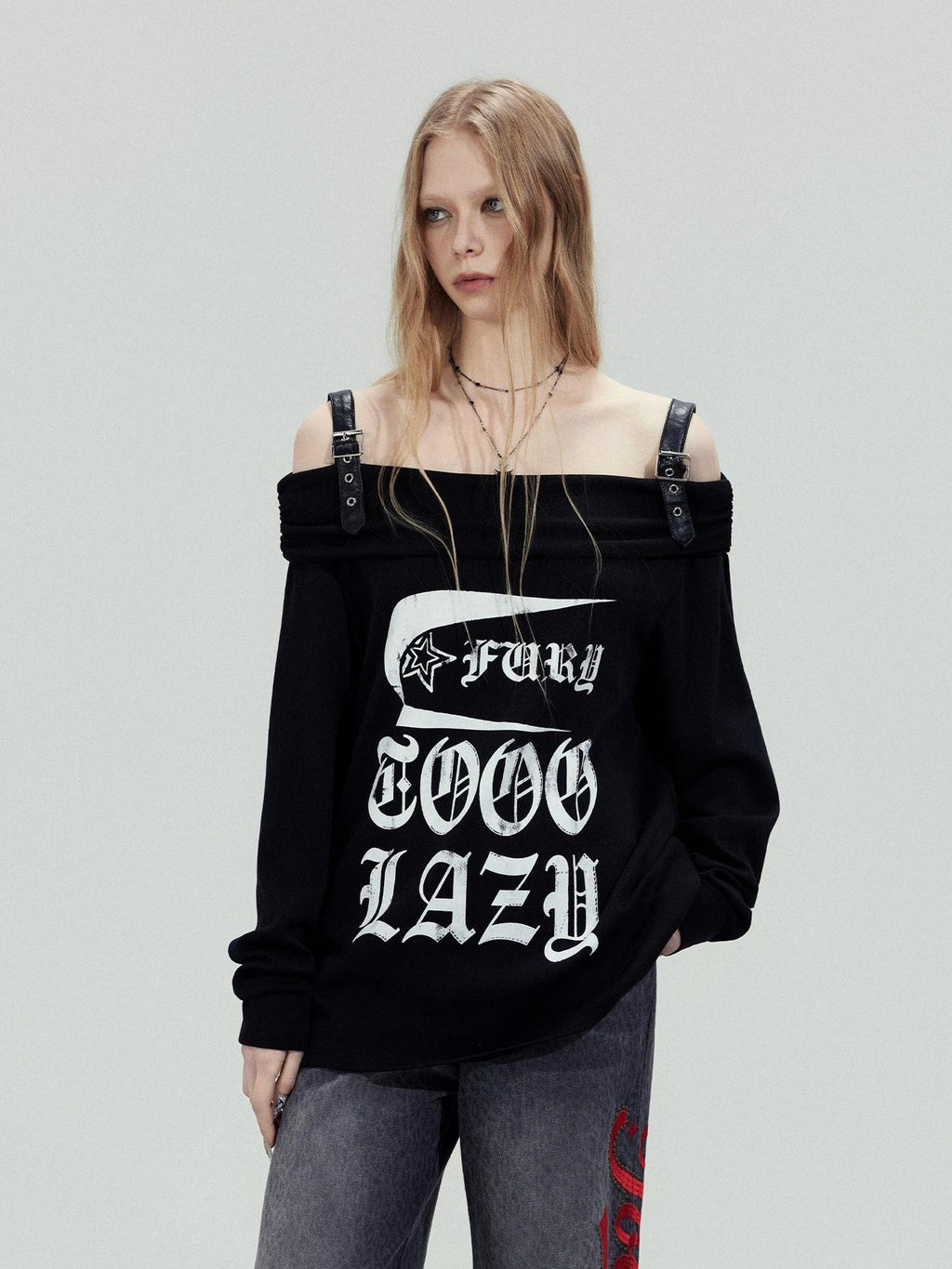 TOOOLAZY Letter Print Diagonal Shoulder Leather Strap Women's Cotton Long Sleeve T-shirts
