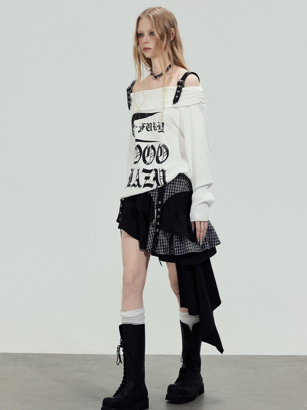 TOOOLAZY Letter Print Diagonal Shoulder Leather Strap Women's Cotton Long Sleeve T-shirts