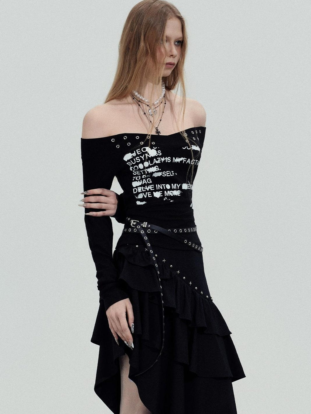 TOOOLAZY Letter Print Off Shoulder Cinched Waist Women's Polyester Long Sleeve T-shirts