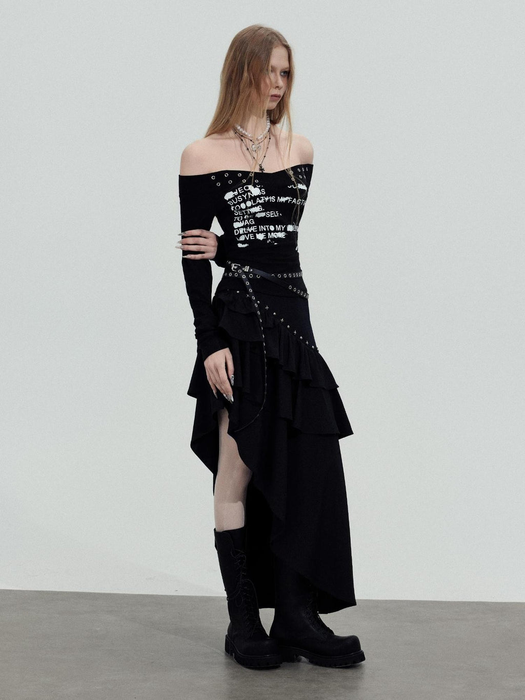 TOOOLAZY Letter Print Off Shoulder Cinched Waist Women's Polyester Long Sleeve T-shirts