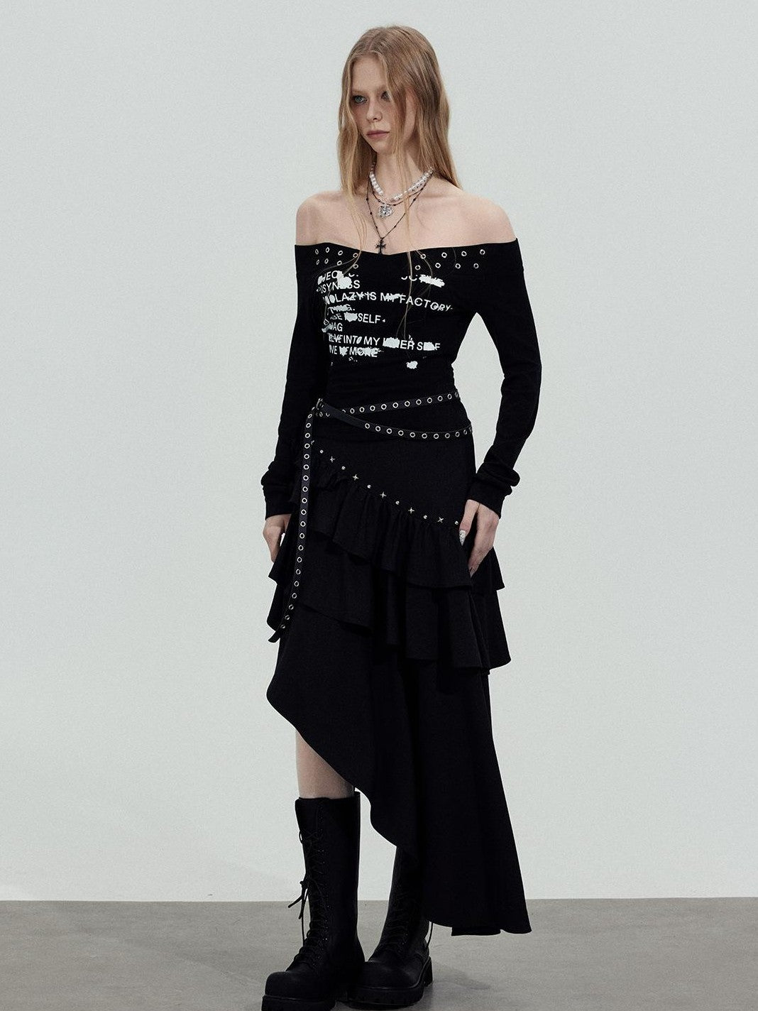 TOOOLAZY Letter Print Off Shoulder Cinched Waist Women's Polyester Long Sleeve T-shirts
