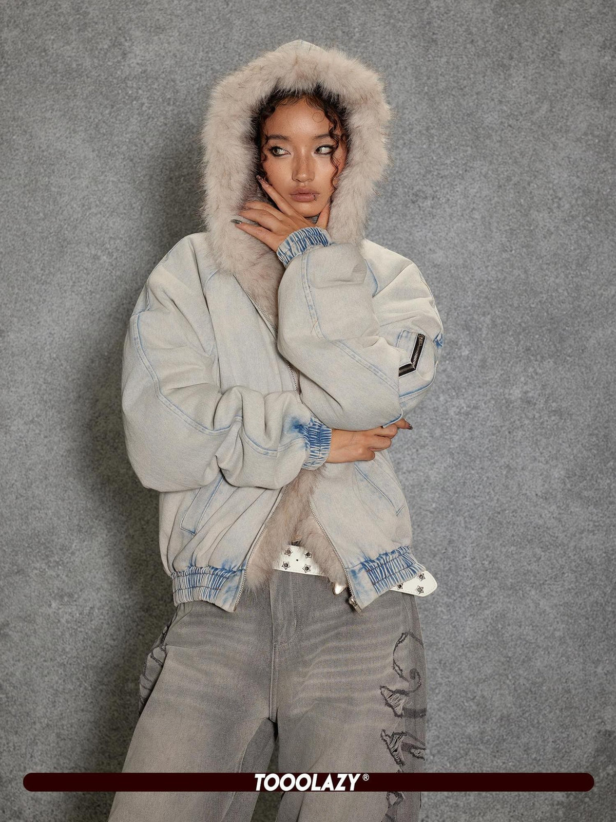 TOOOLAZY Light Blue Washed Denim Lined Fur Hooded Women's Cotton Puffer Jackets