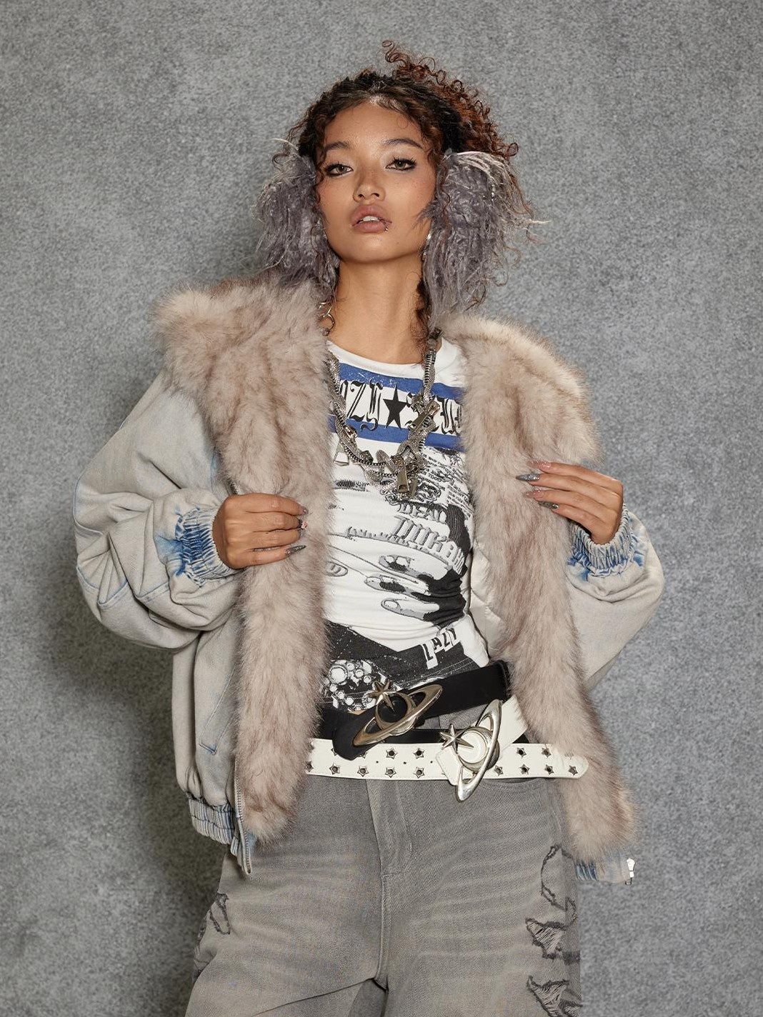 TOOOLAZY Light Blue Washed Denim Lined Fur Hooded Women's Cotton Puffer Jackets