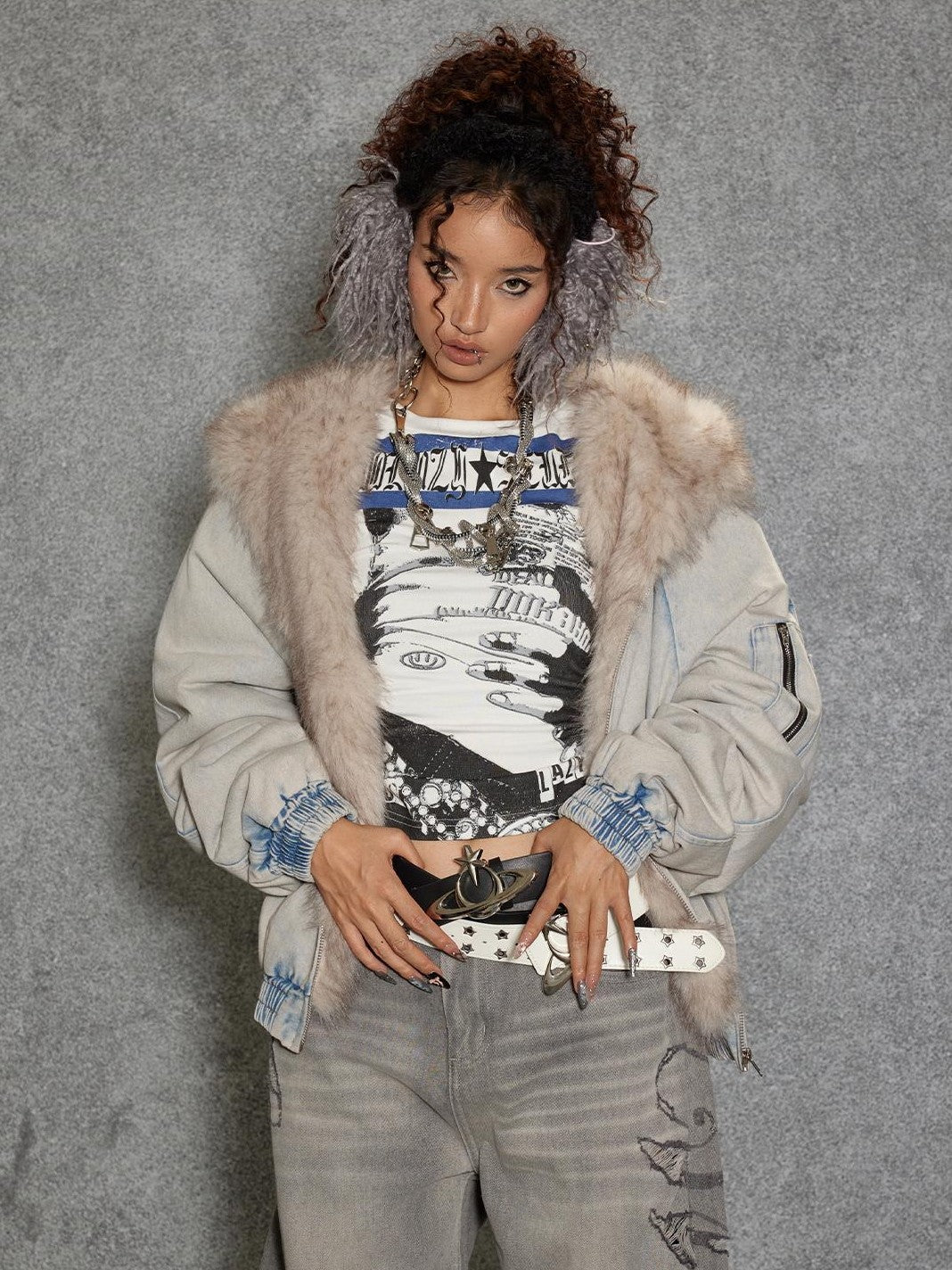 TOOOLAZY Light Blue Washed Denim Lined Fur Hooded Women's Cotton Puffer Jackets