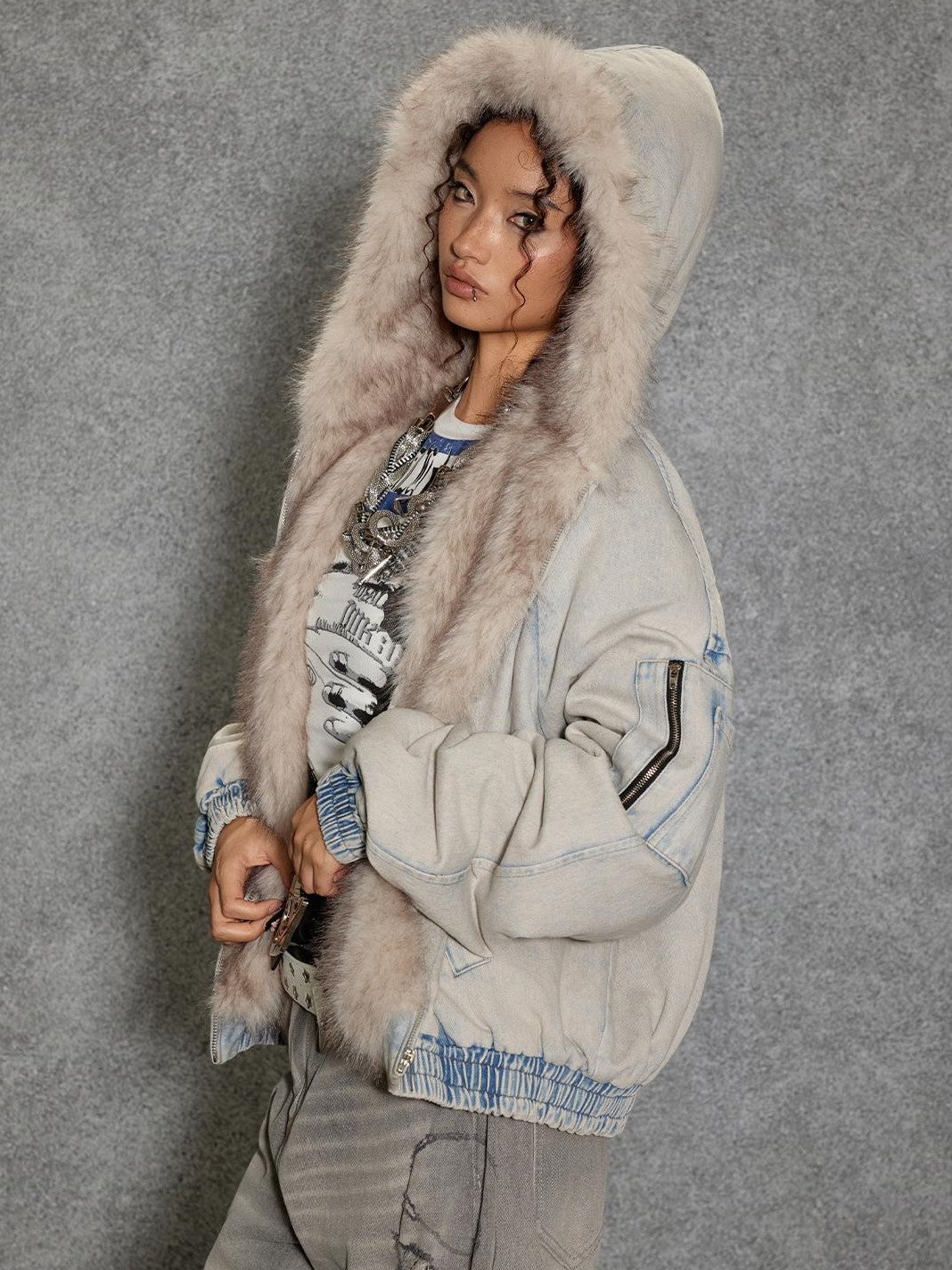 TOOOLAZY Light Blue Washed Denim Lined Fur Hooded Women's Cotton Puffer Jackets