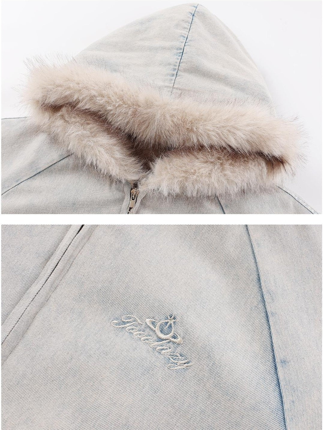 TOOOLAZY Light Blue Washed Denim Lined Fur Hooded Women's Cotton Puffer Jackets