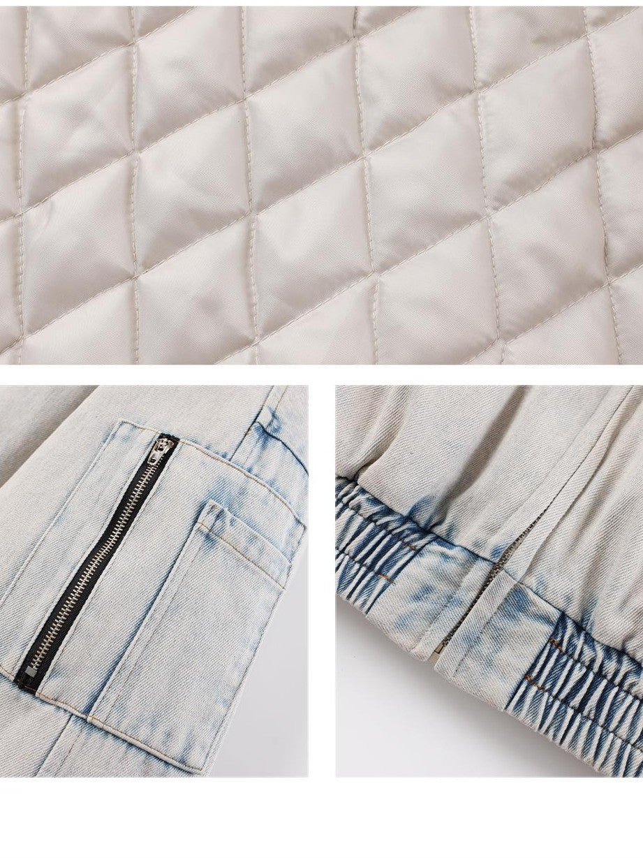 TOOOLAZY Light Blue Washed Denim Lined Fur Hooded Women's Cotton Puffer Jackets