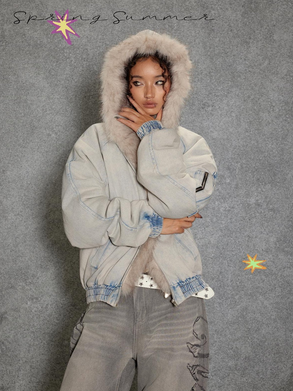 TOOOLAZY Light Blue Washed Denim Lined Fur Hooded Women's Cotton Puffer Jackets