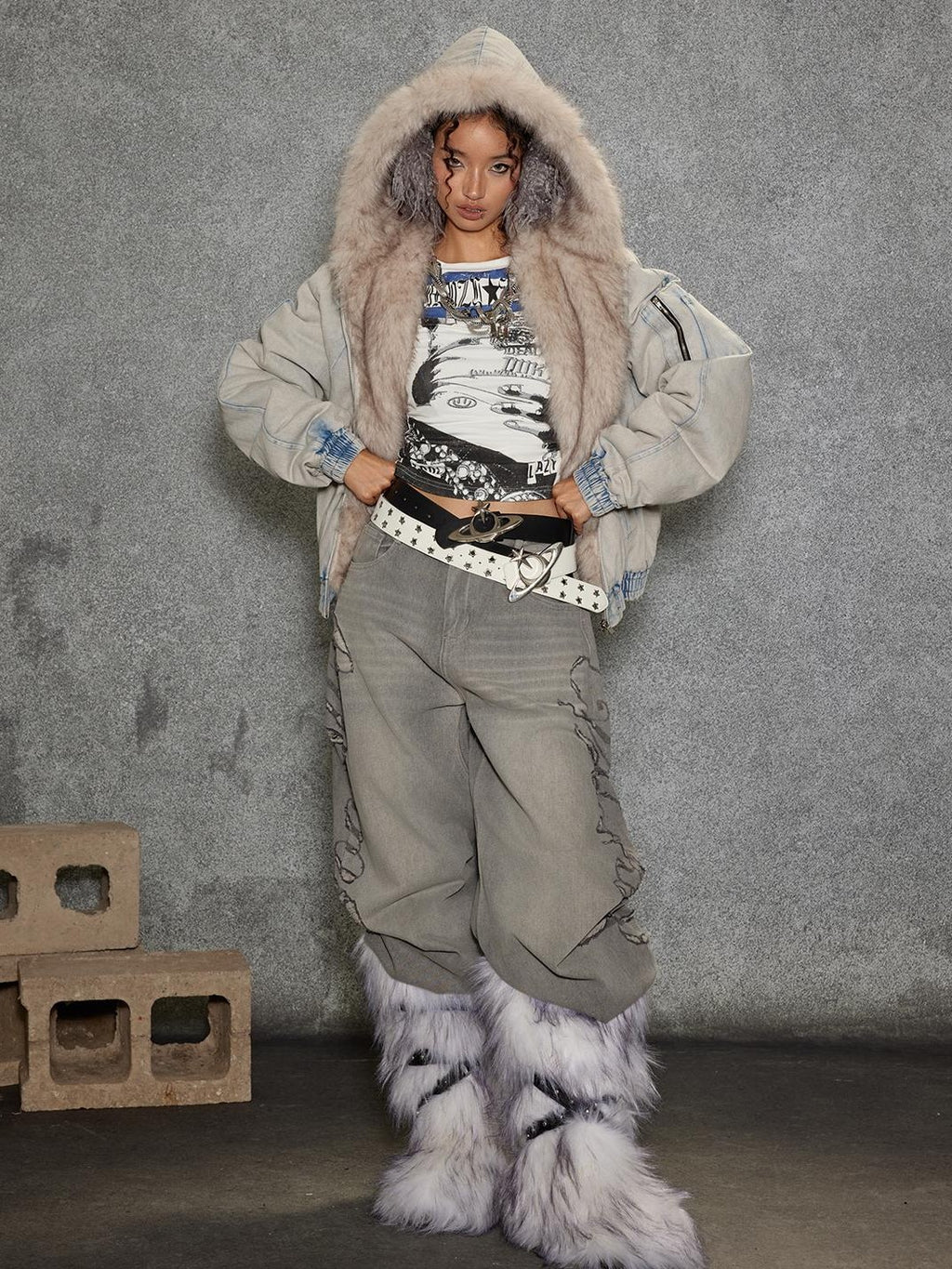 TOOOLAZY Light Blue Washed Denim Lined Fur Hooded Women's Cotton Puffer Jackets