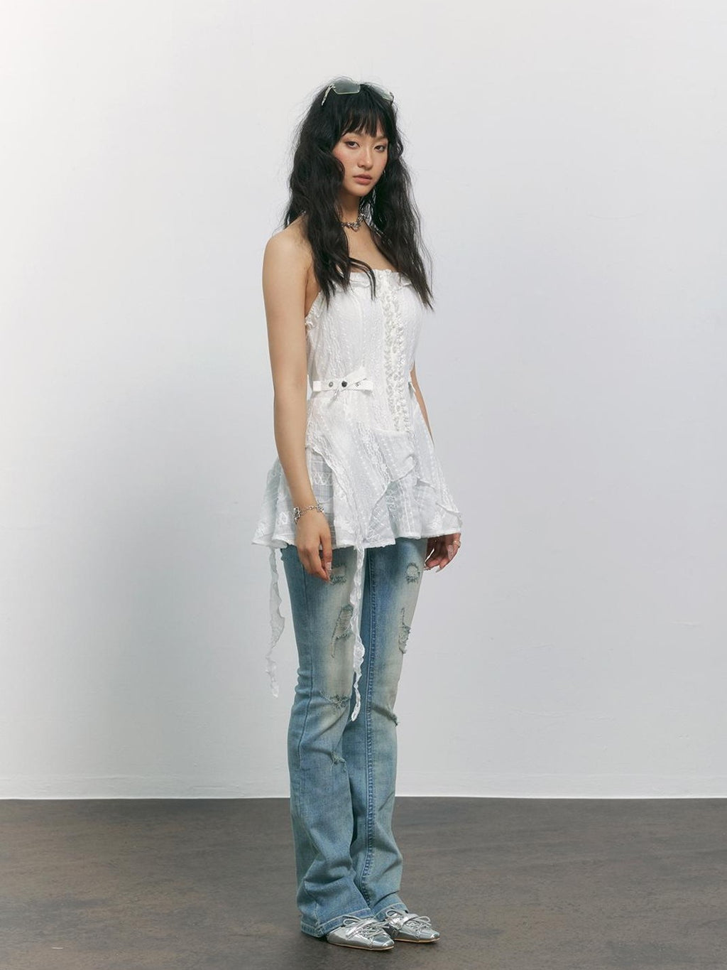 TOOOLAZY Light Blue Washed Ripped Micro Flare Women's Cotton Distressed Jeans