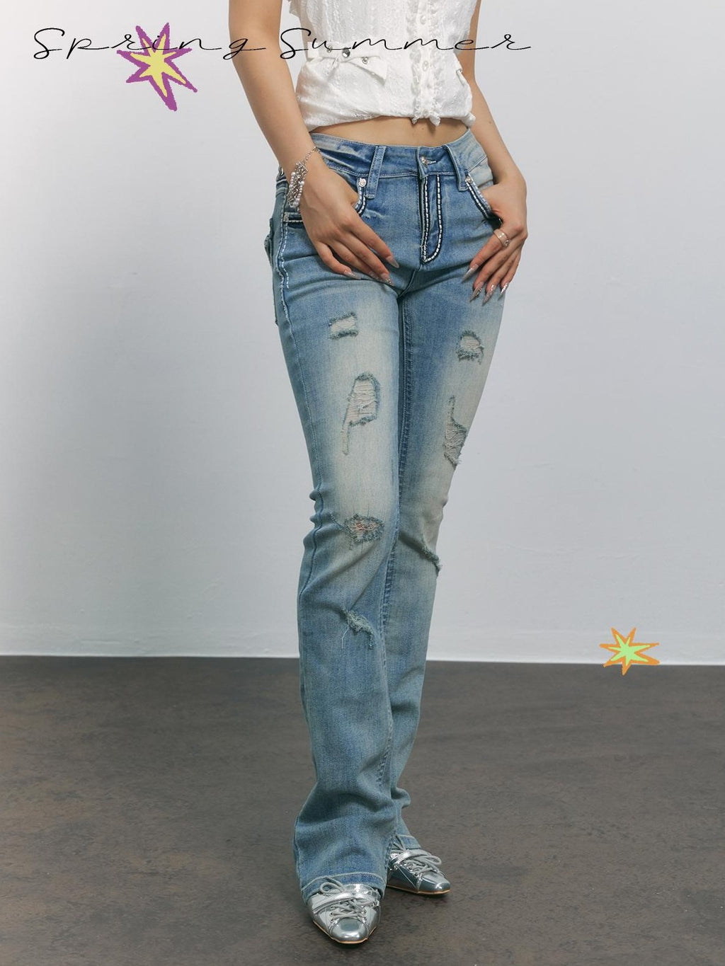 TOOOLAZY Light Blue Washed Ripped Micro Flare Women's Cotton Distressed Jeans