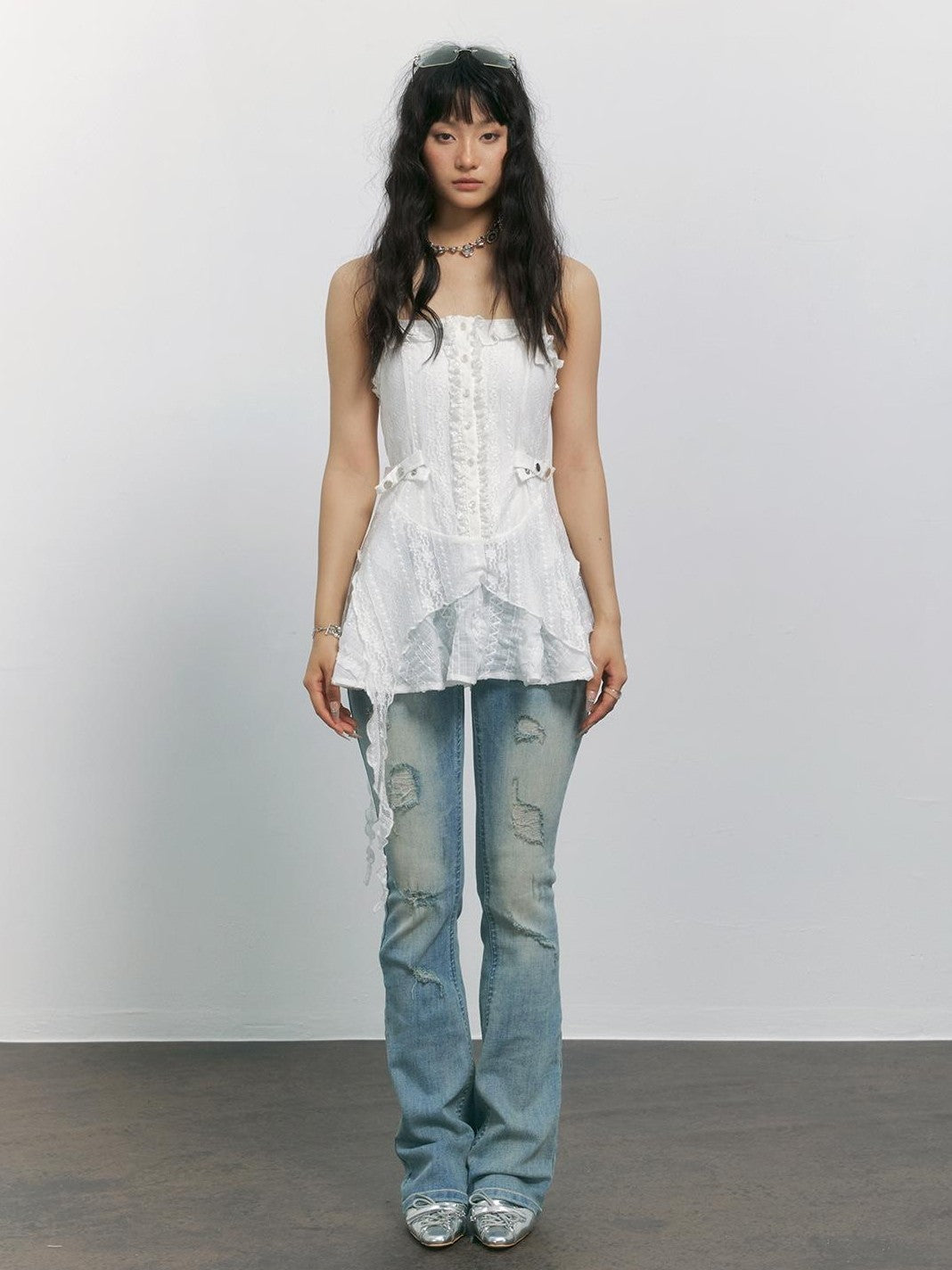 TOOOLAZY Light Blue Washed Ripped Micro Flare Women's Cotton Distressed Jeans