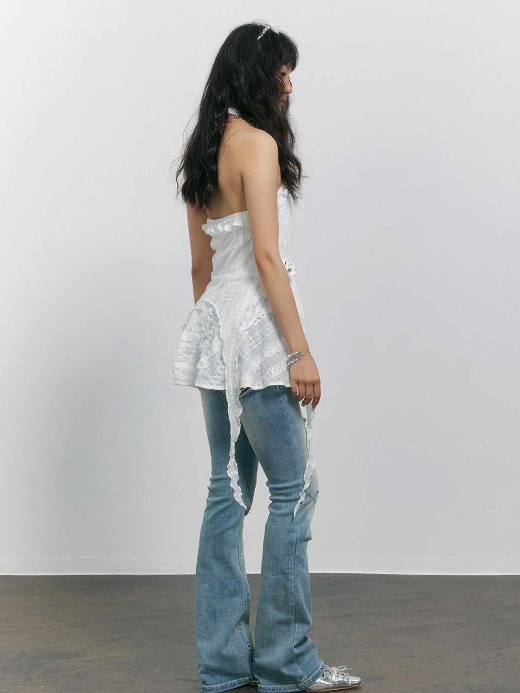 TOOOLAZY Light Blue Washed Ripped Micro Flare Women's Cotton Distressed Jeans