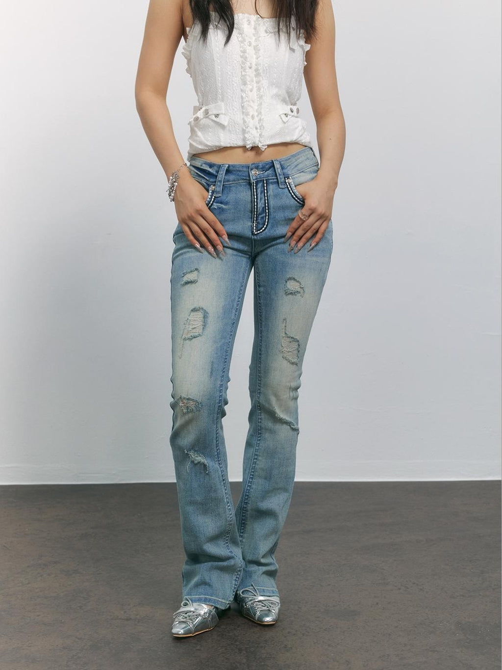 TOOOLAZY Light Blue Washed Ripped Micro Flare Women's Cotton Distressed Jeans