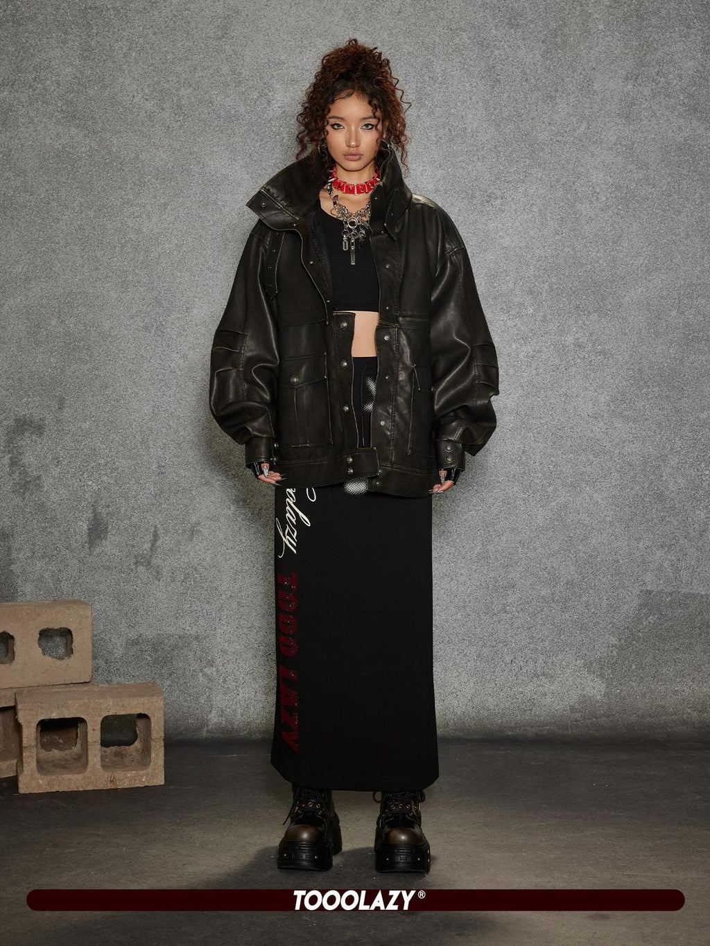 TOOOLAZY Midlength Stand Collar Single Row Buttons Relaxed Fit Women's Leather Jackets