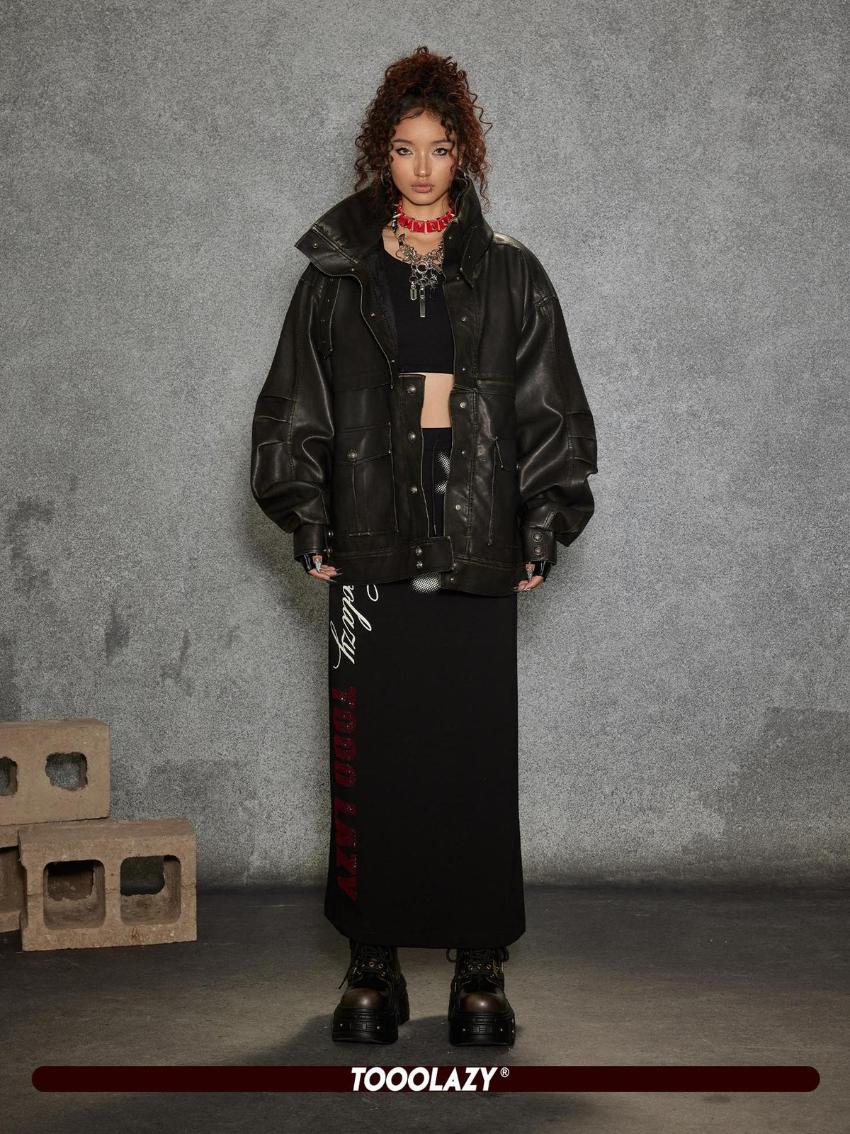 TOOOLAZY Midlength Stand Collar Single Row Buttons Relaxed Fit Women's Leather Jackets