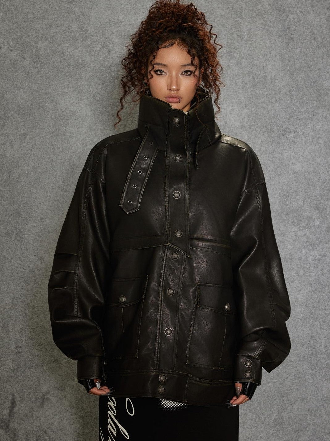 TOOOLAZY Midlength Stand Collar Single Row Buttons Relaxed Fit Women's Leather Jackets