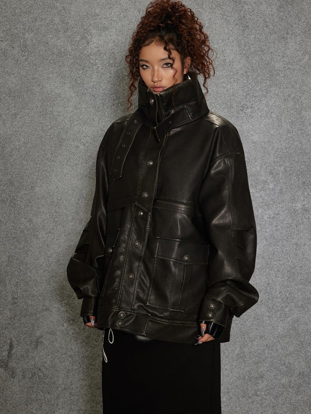 TOOOLAZY Midlength Stand Collar Single Row Buttons Relaxed Fit Women's Leather Jackets