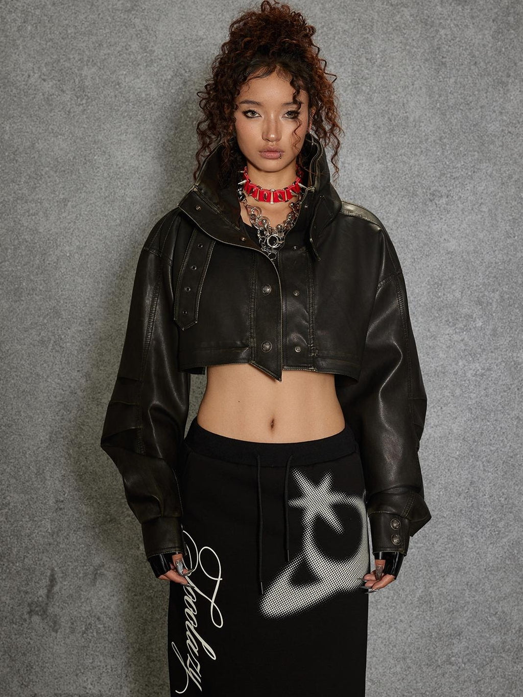 TOOOLAZY Midlength Stand Collar Single Row Buttons Relaxed Fit Women's Leather Jackets